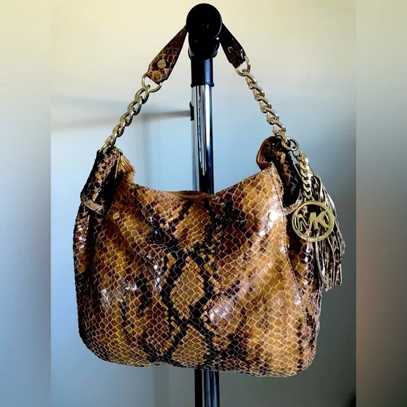 MICHAEL KORS Python Snake Brown Hobo Shoulder Handbag Purse - Picture 1 of 16